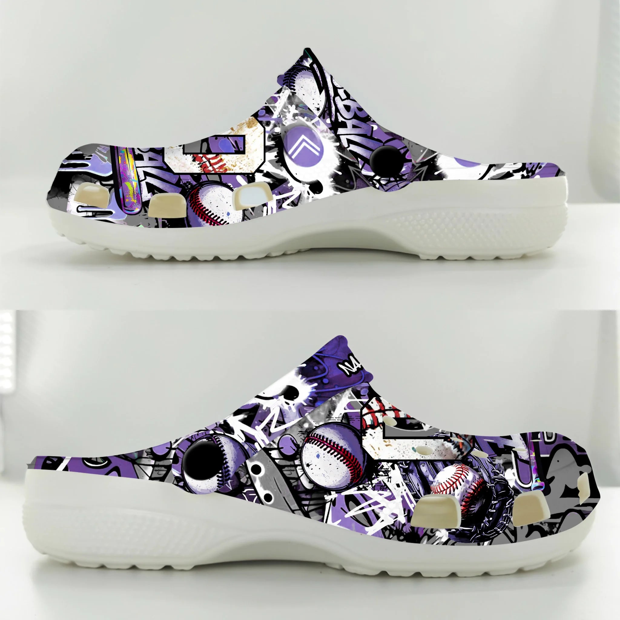 Merchidea Purple Graffiti Baseball Sport Crocs Crocband Clogs Shoes Comfortable For Men Women and Kids