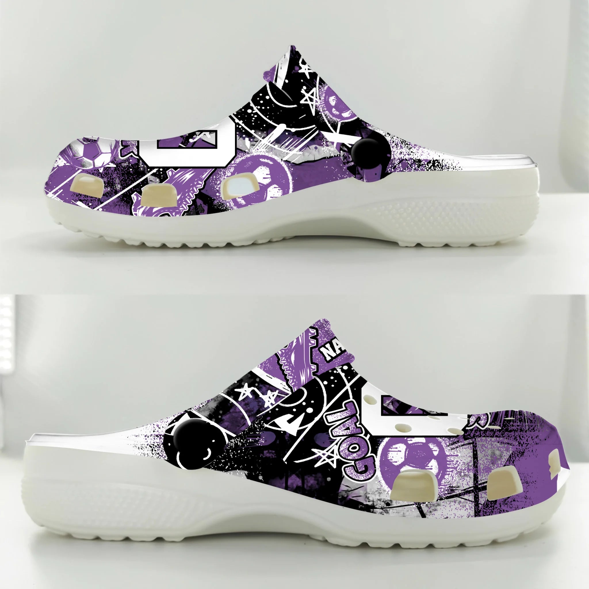 Merchidea Purple Graffiti Soccer Sport Crocs Crocband Clogs Shoes Comfortable For Men Women and Kids