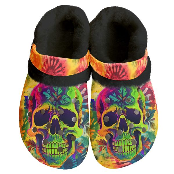 Merchidea Skull Colorful Crocs Crocband Fleece Lined Clogs Shoes Comfortable For Men Women and Kids In Winter