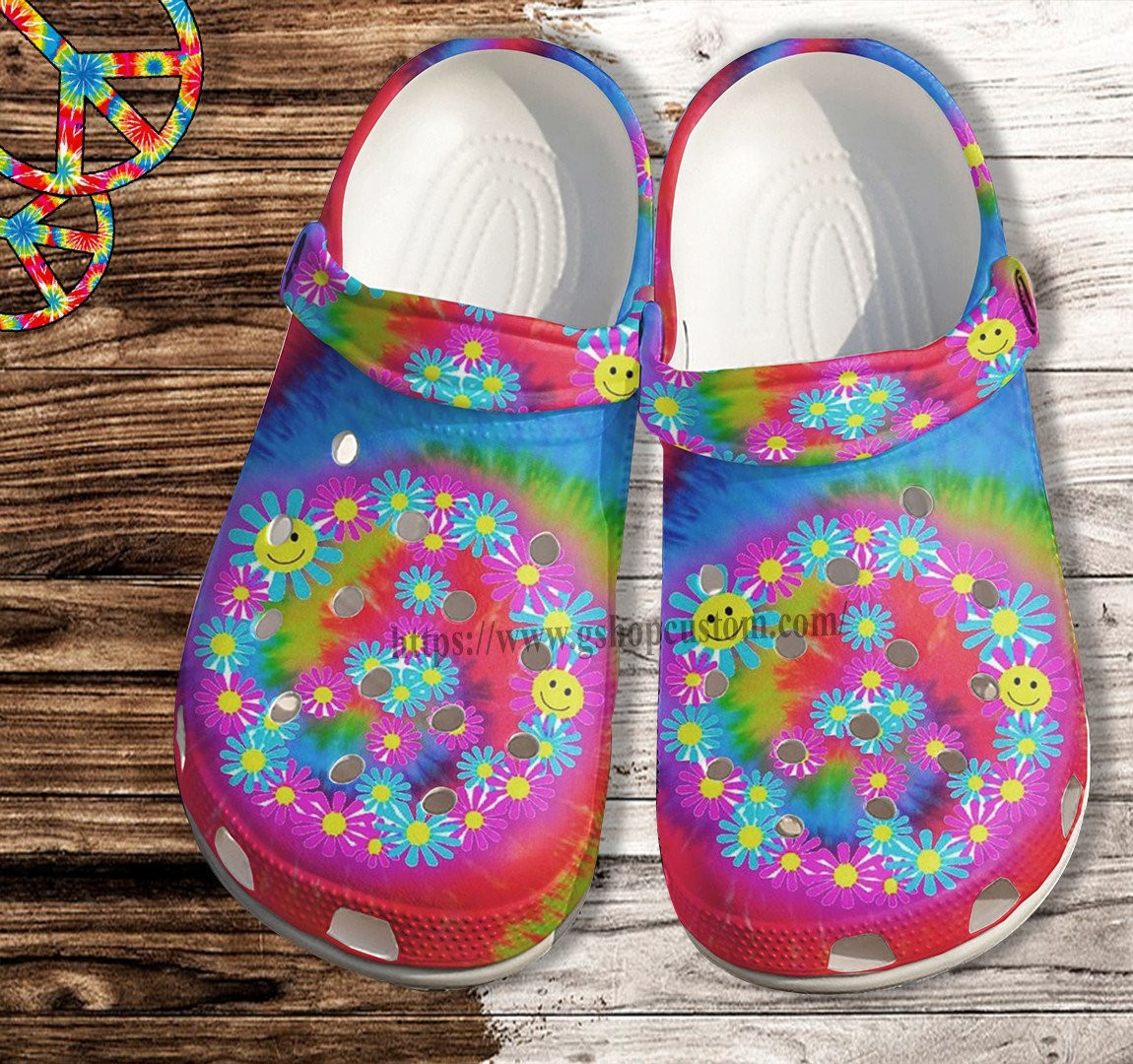 Merchidea Smile Hippie Daisy Flower Rainbow Croc Shoes- Hippie Peace Beach Shoes Croc Clogs