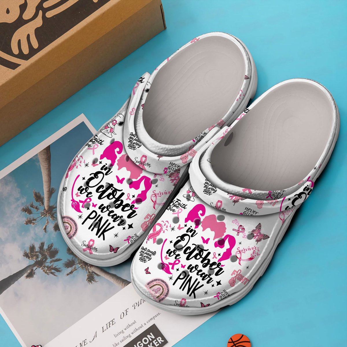 Merchidea Snoopy We Wear Pink Breast Cancer Awareness Cartoon Crocs Crocband Clogs Shoes Comfortable For Men Women and Kids