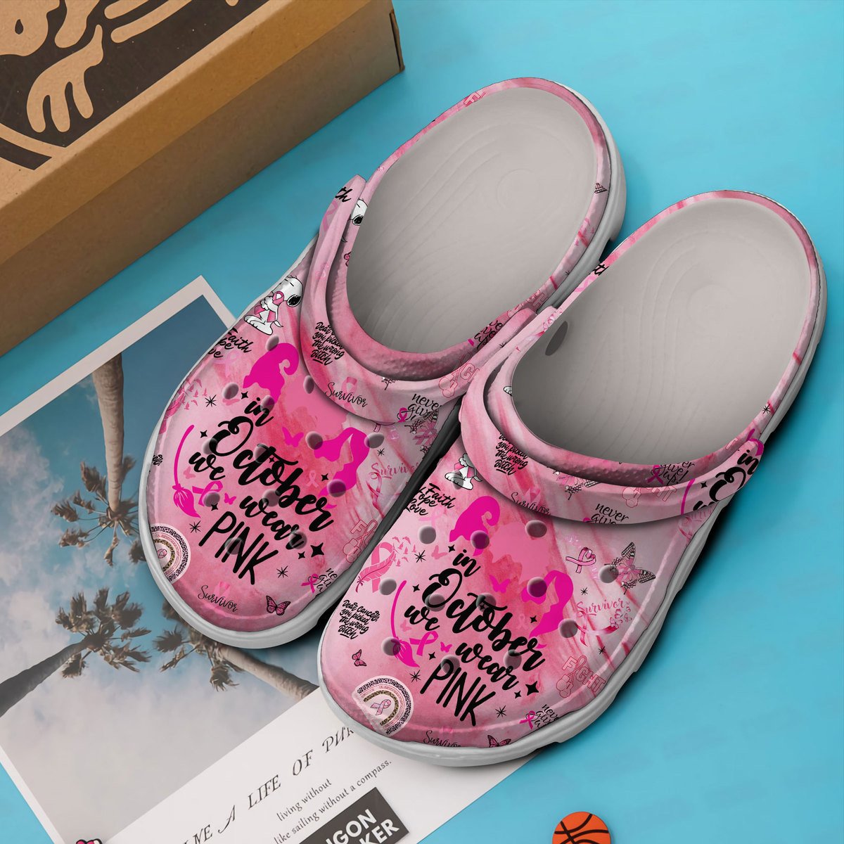 Merchidea Snoopy We Wear Pink Breast Cancer Awareness Cartoon Crocs Crocband Clogs Shoes Comfortable For Men Women and Kids