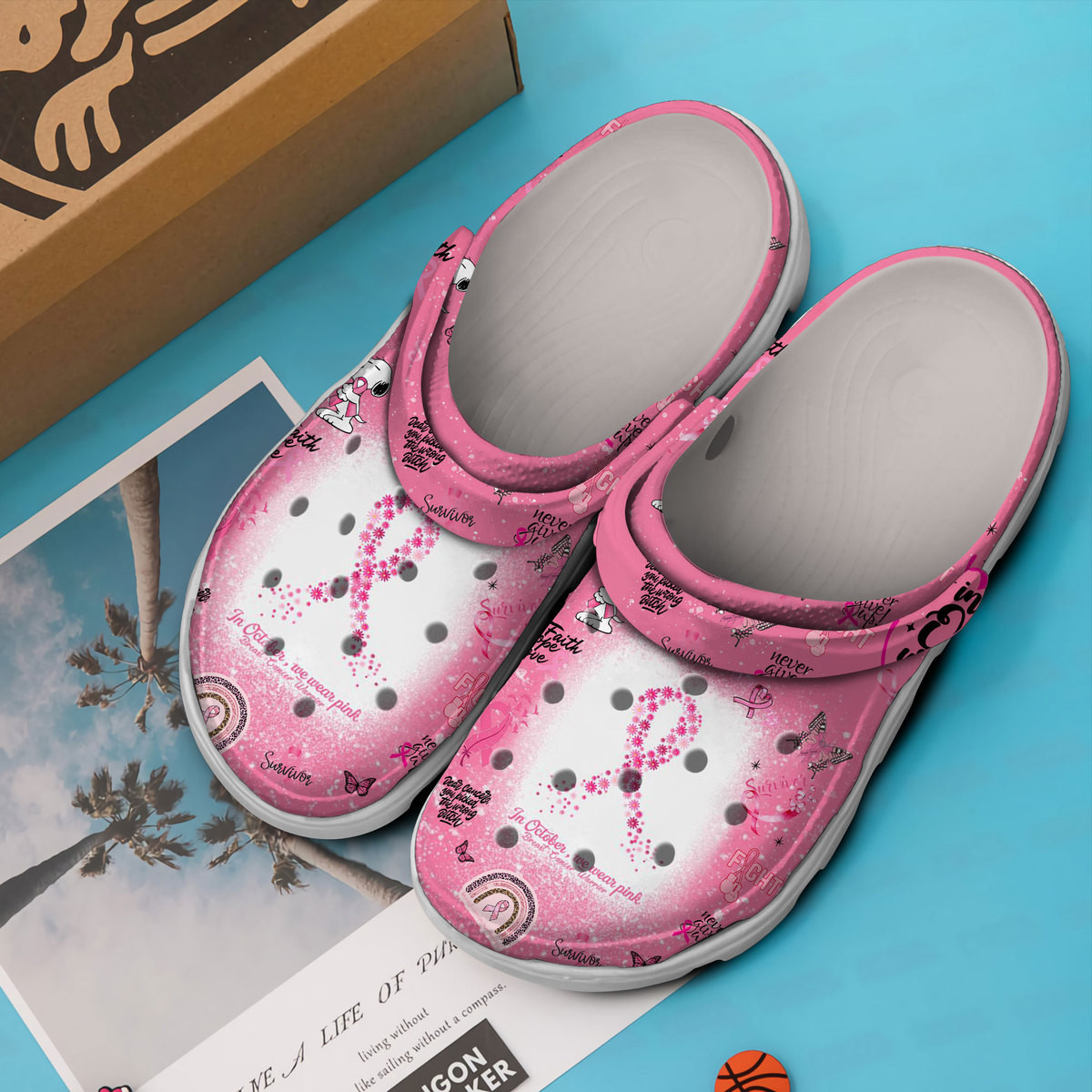 Merchidea Snoopy We Wear Pink Breast Cancer Awareness Cartoon Crocs Crocband Clogs Shoes Comfortable For Men Women and Kids