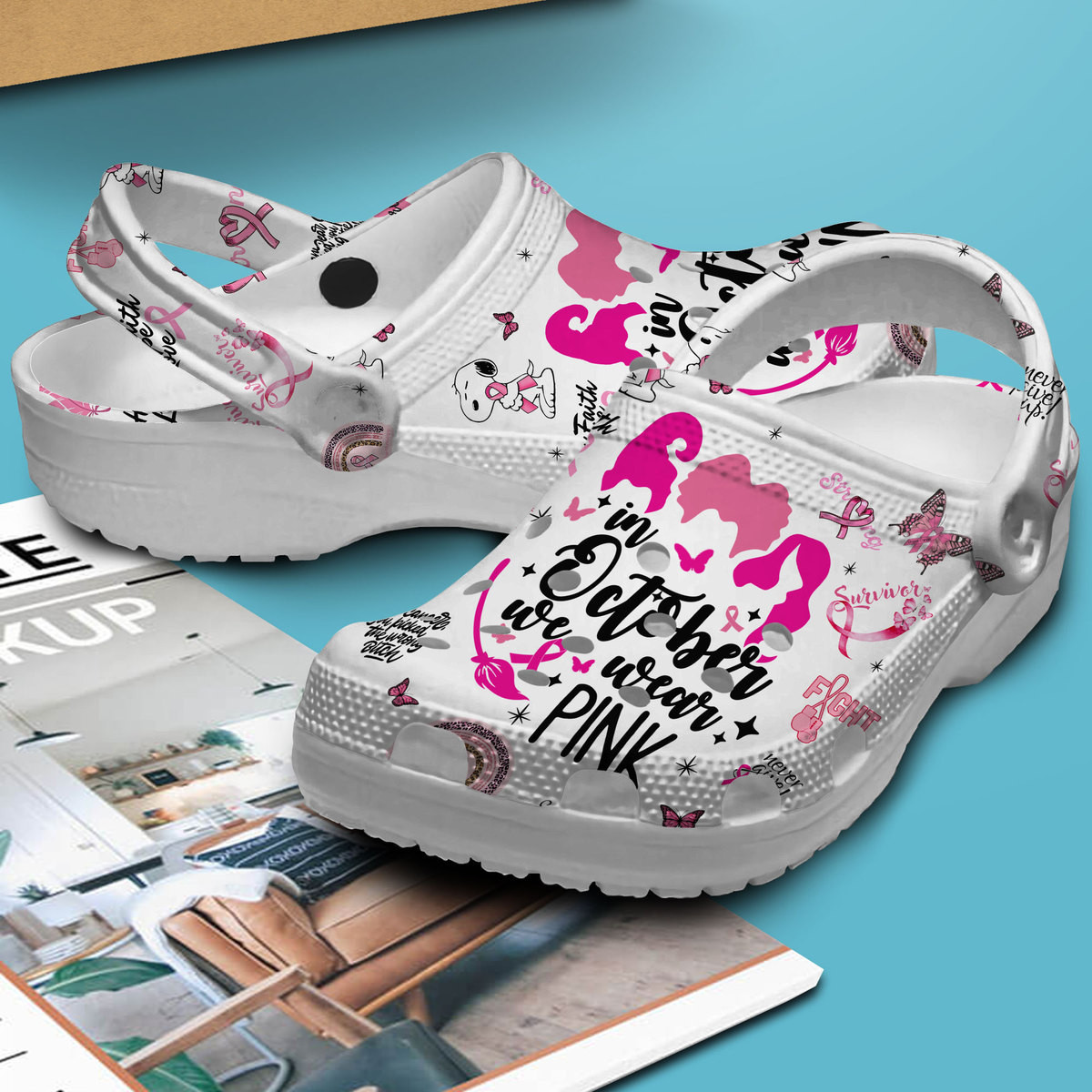 Merchidea Snoopy We Wear Pink Breast Cancer Awareness Cartoon Crocs Crocband Clogs Shoes Comfortable For Men Women and Kids
