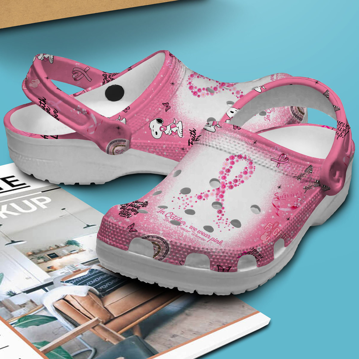 Merchidea Snoopy We Wear Pink Breast Cancer Awareness Cartoon Crocs Crocband Clogs Shoes Comfortable For Men Women and Kids