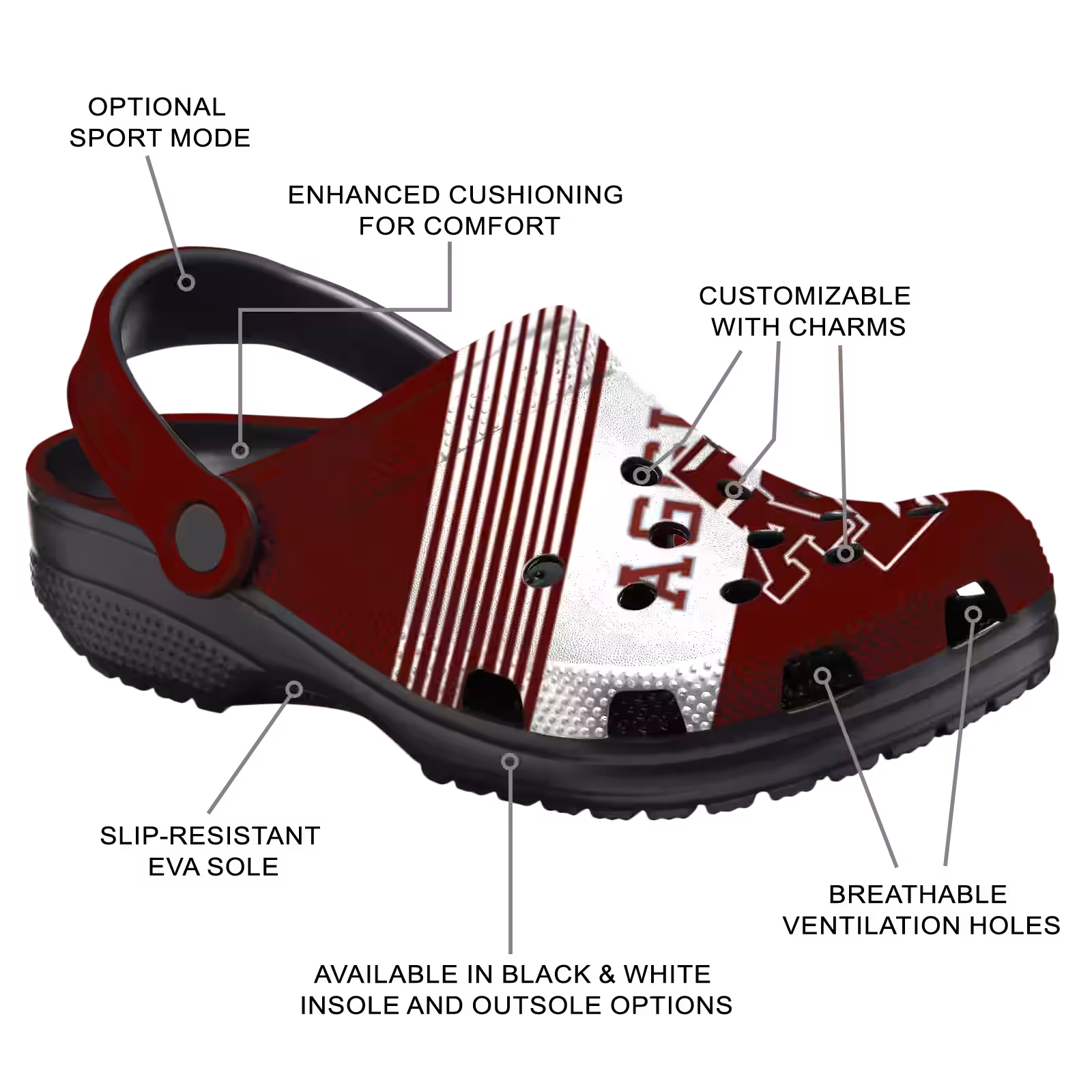 Merchidea Texas A&M Aggies NCAA Sport Crocs Crocband Clogs Shoes Comfortable For Men Women and Kids