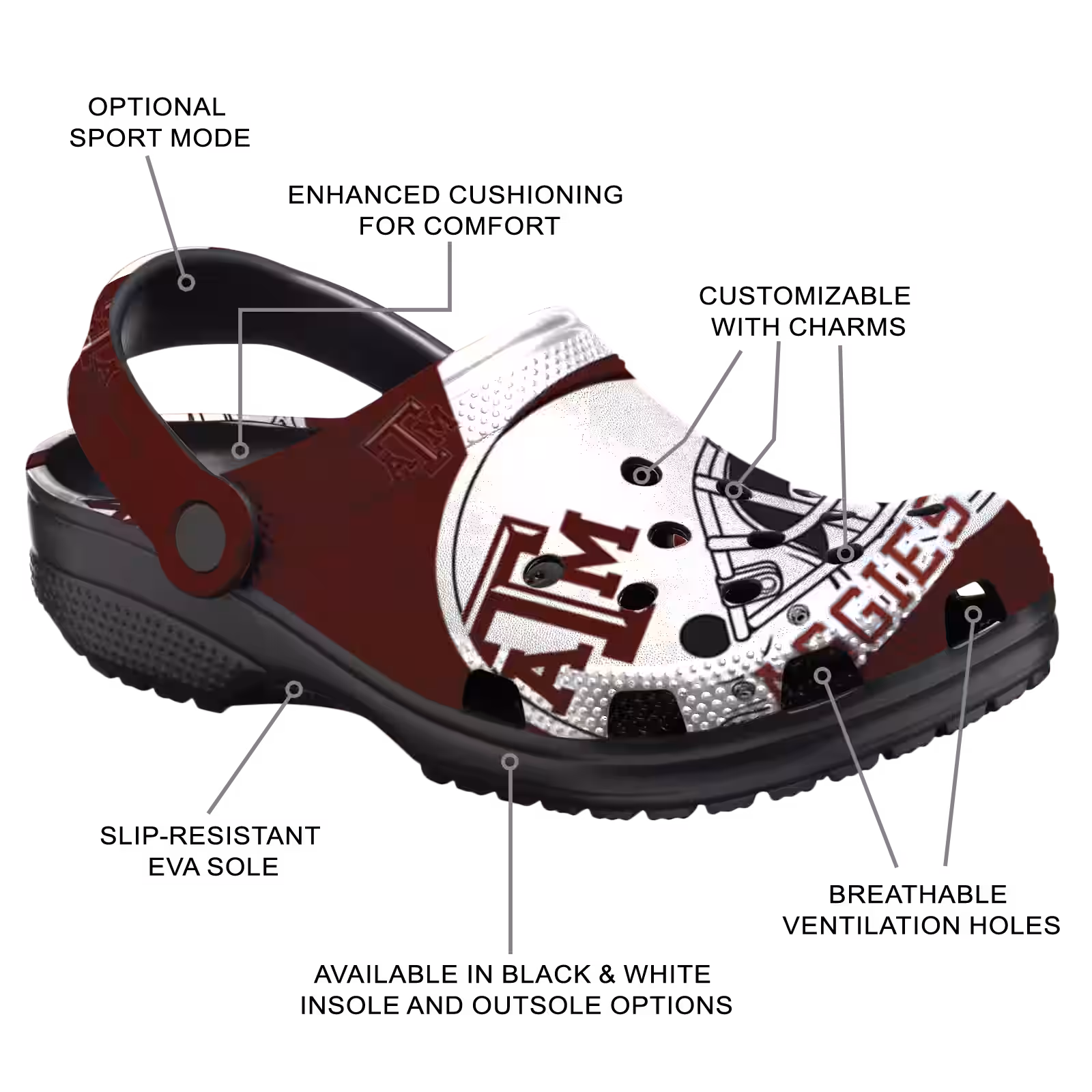 Merchidea Texas A&M Aggies NCAA Sport Crocs Crocband Clogs Shoes Comfortable For Men Women and Kids