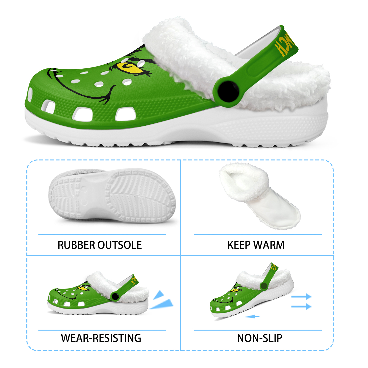 Merchidea The Grinch x Christmas Crocs Crocband Fleece Lined Clogs Shoes Comfortable For Men Women and Kids In Winter
