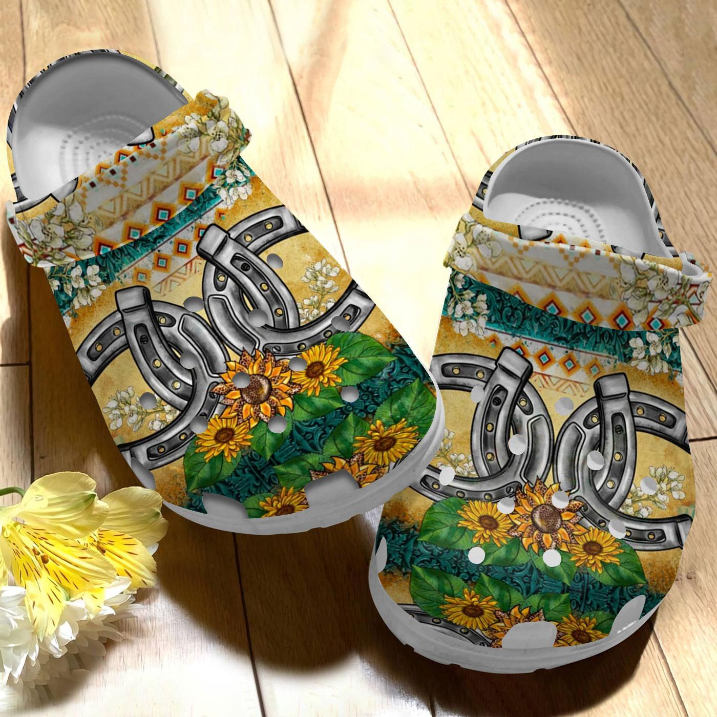 Merchidea Western Horseshoe Sunflowers Crocs Crocband Clogs Shoes Comfortable For Men Women and Kids