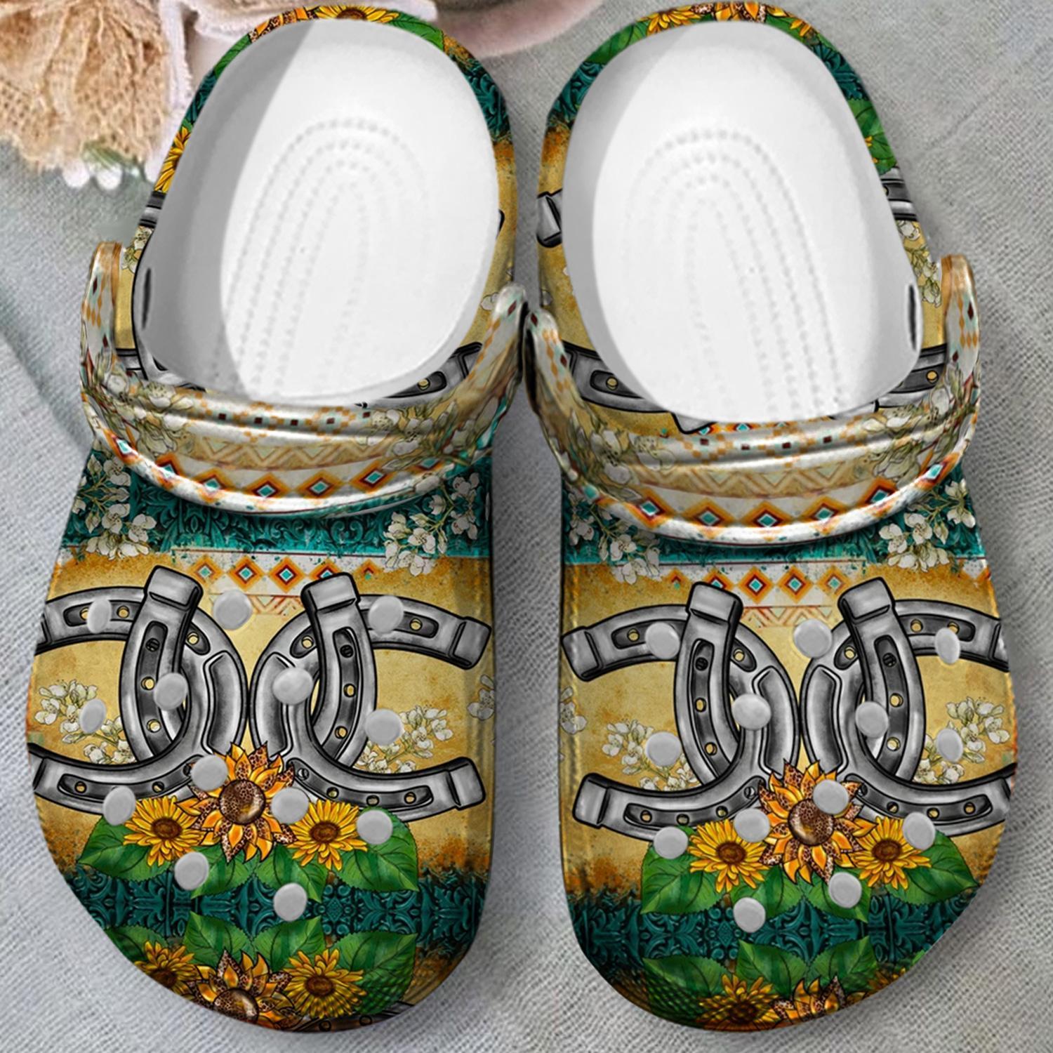 Merchidea Western Horseshoe Sunflowers Crocs Crocband Clogs Shoes Comfortable For Men Women and Kids