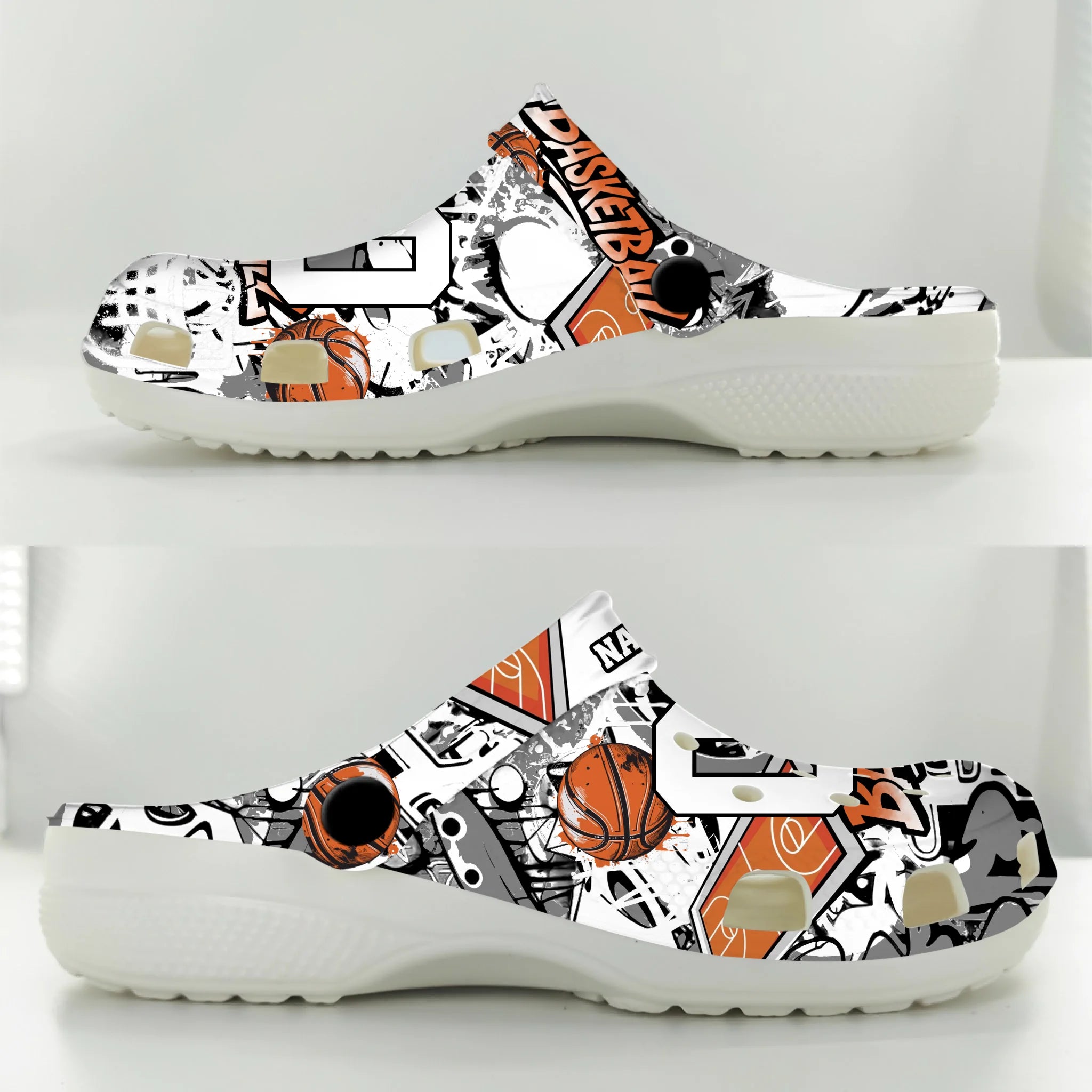 Merchidea White Graffiti Basketball Sport Crocs Crocband Clogs Shoes Comfortable For Men Women and Kids