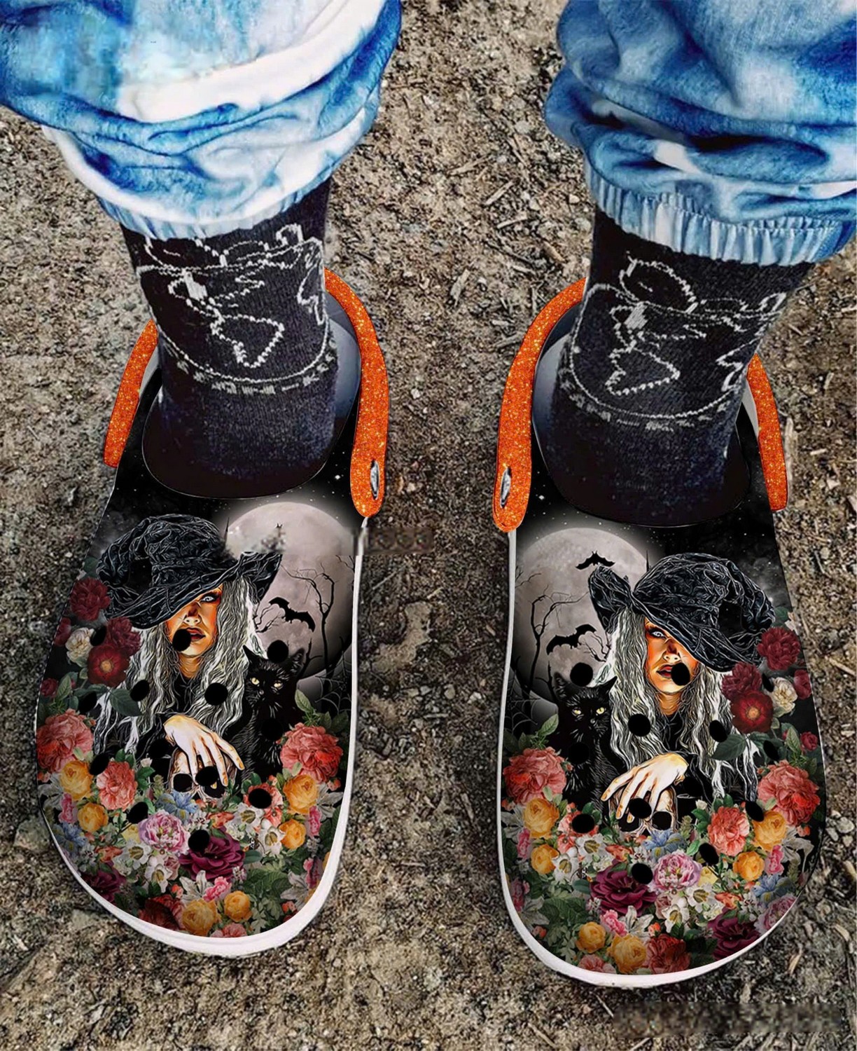 Merchidea White Hair October Witch Black Cat And Flower Crocs Crocband Clogs Shoes Comfortable For Men Women and Kids