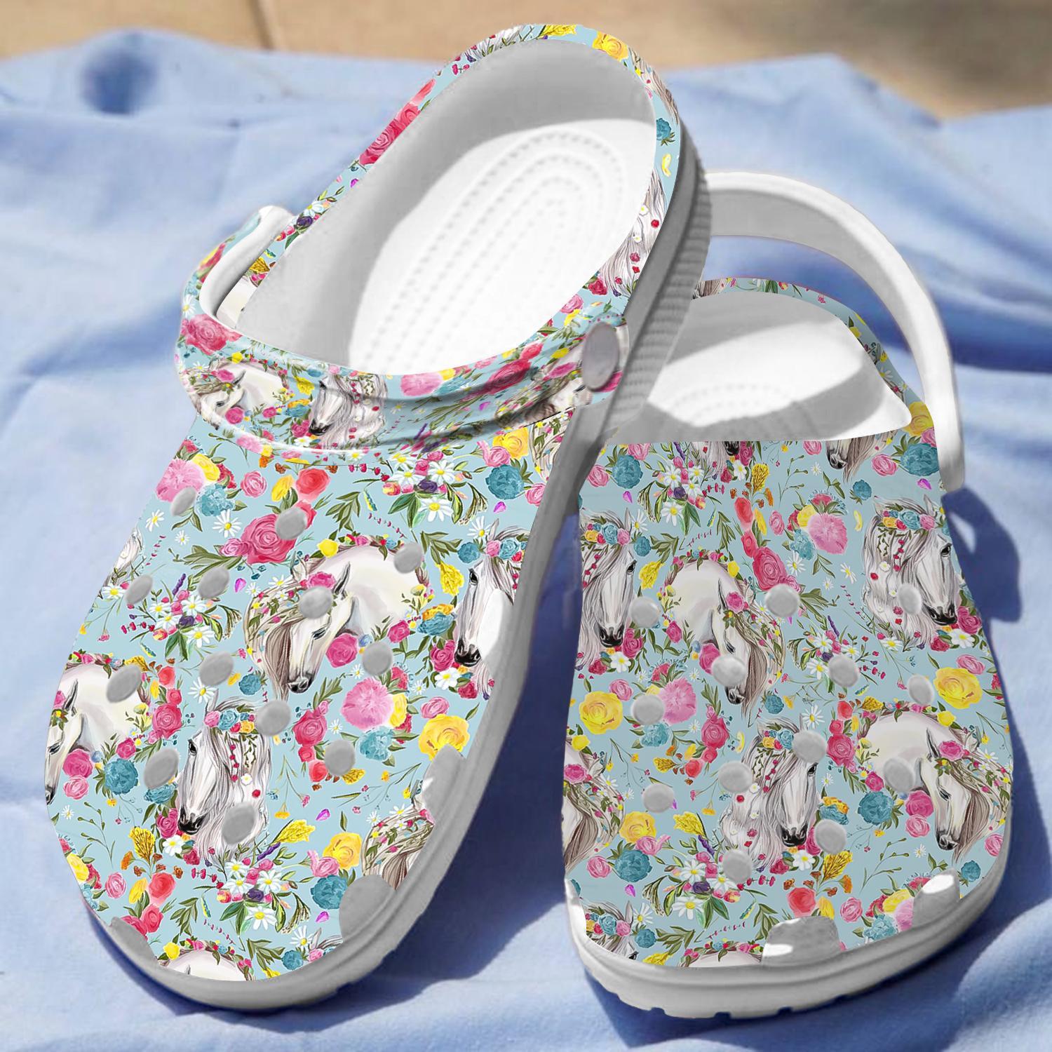 Merchidea White Horse Floral Crocs Crocband Clogs Shoes Comfortable For Men Women and Kids