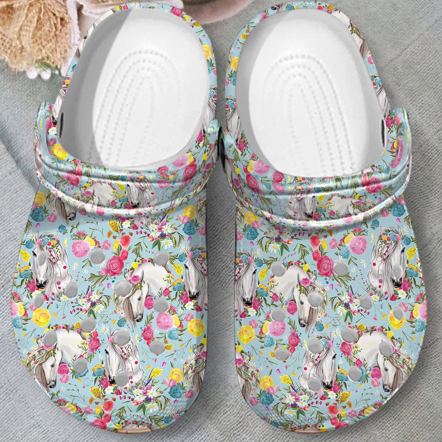 Merchidea White Horse Floral Crocs Crocband Clogs Shoes Comfortable For Men Women and Kids