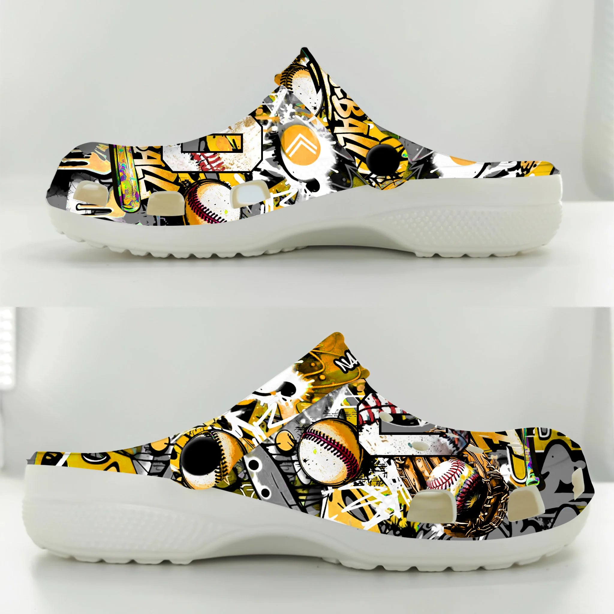 Merchidea Yellow Graffiti Baseball Sport Crocs Crocband Clogs Shoes Comfortable For Men Women and Kids