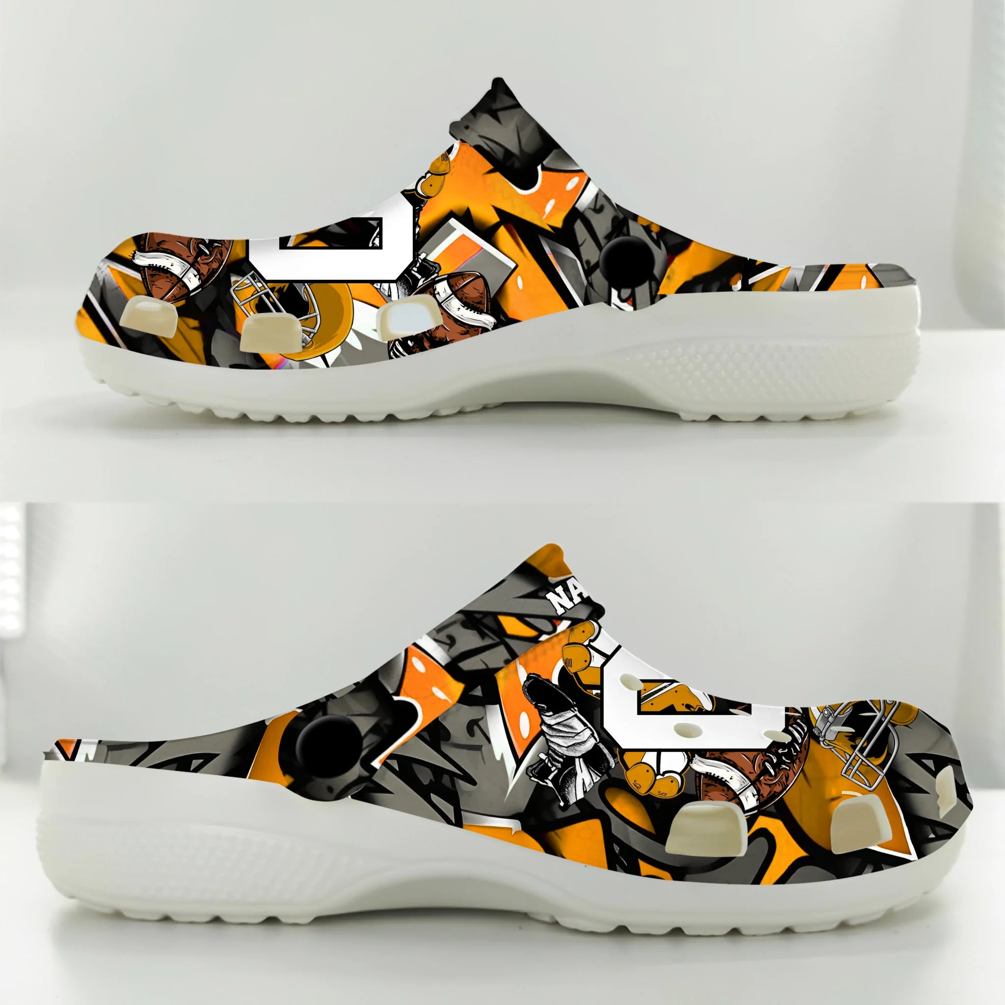 Merchidea Yellow Graffiti Football Sport Crocs Crocband Clogs Shoes Comfortable For Men Women and Kids