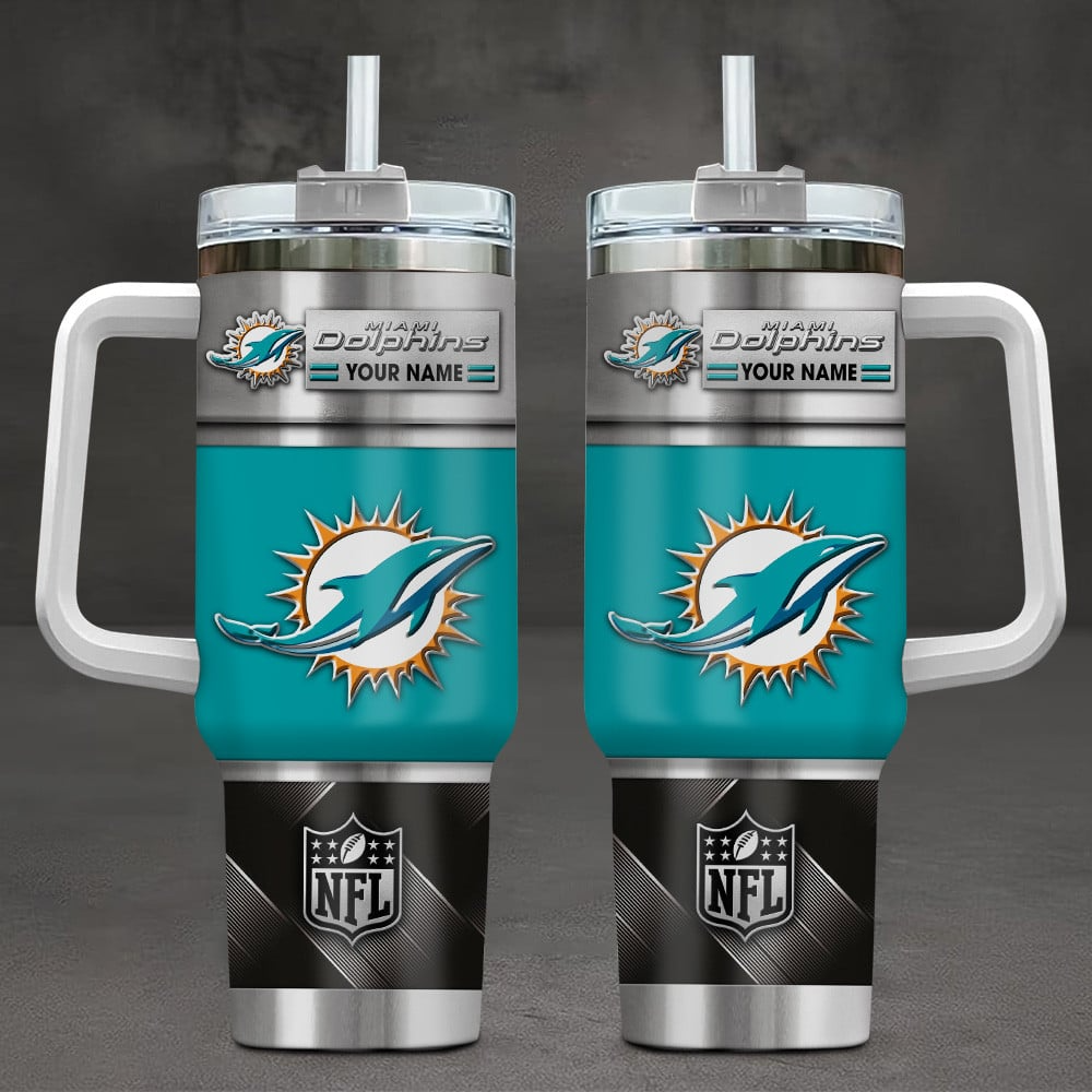 Miami Dolphins NFL Custom Stanley Quencher 40oz Stainless Steel Tumbler With Handle