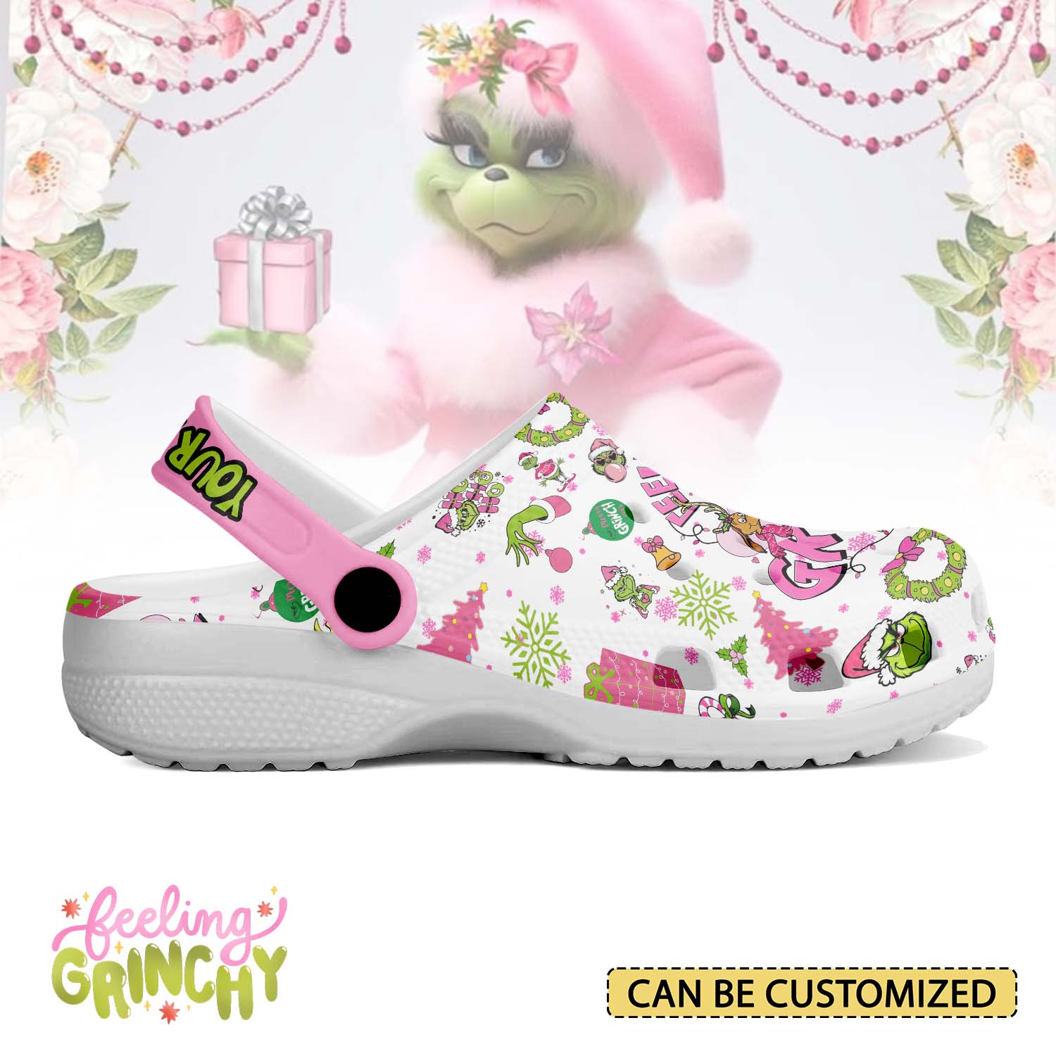 T1005 - Pink Grinch x Christmas - Crocs Custom name mockup 2 jpg