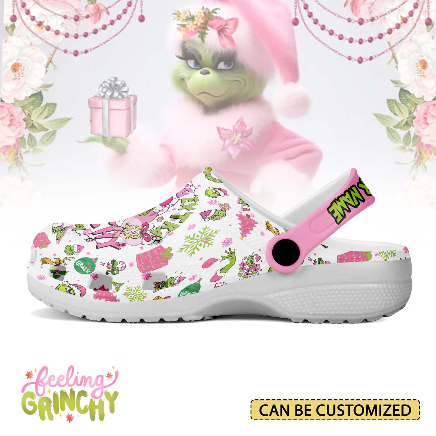 T1005 - Pink Grinch x Christmas - Crocs Custom name mockup 3 jpg
