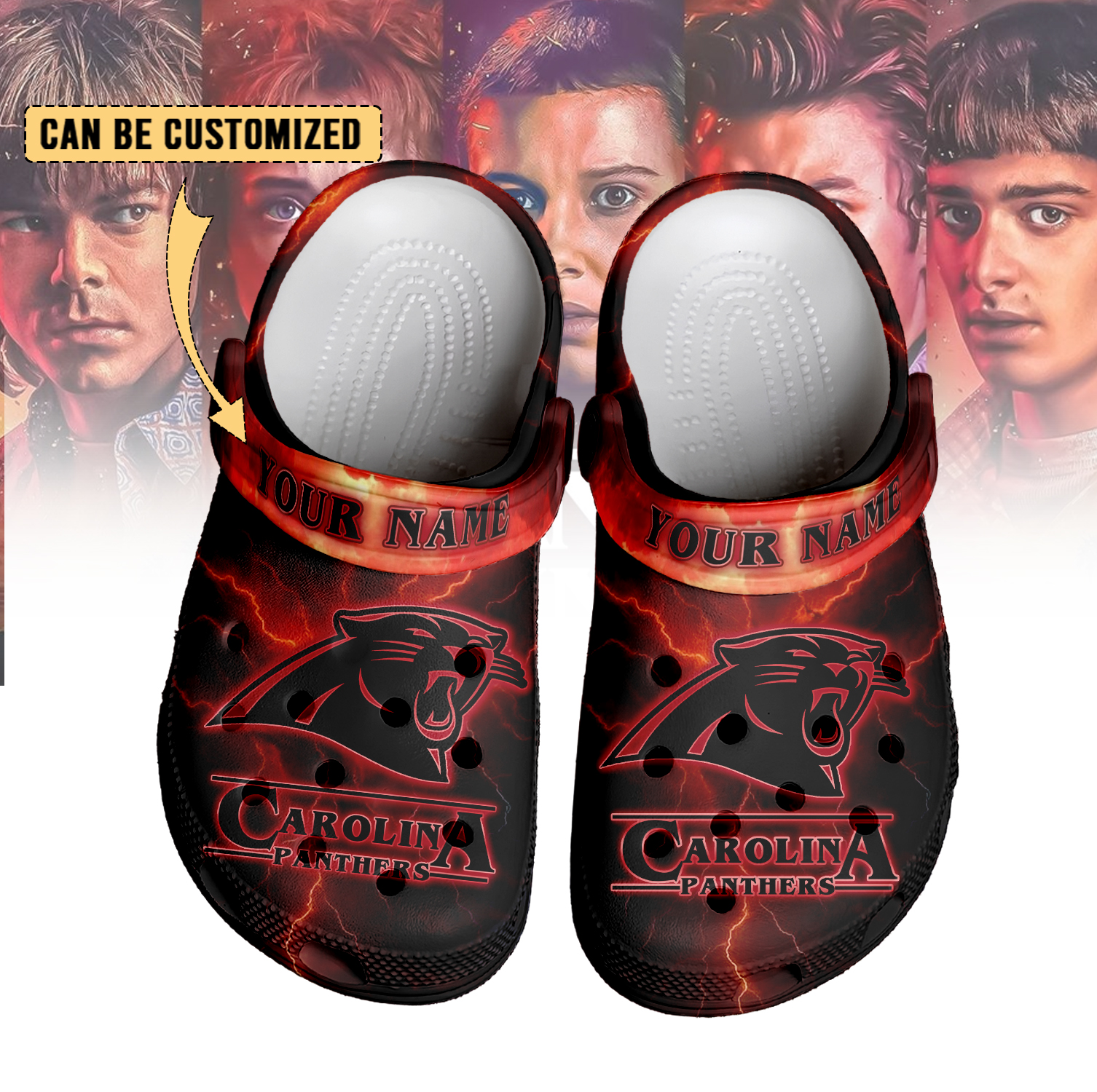Merchidea Carolina Panthers x Stranger Things Crocs Crocband Clogs Shoes Comfortable For Men Women and Kids