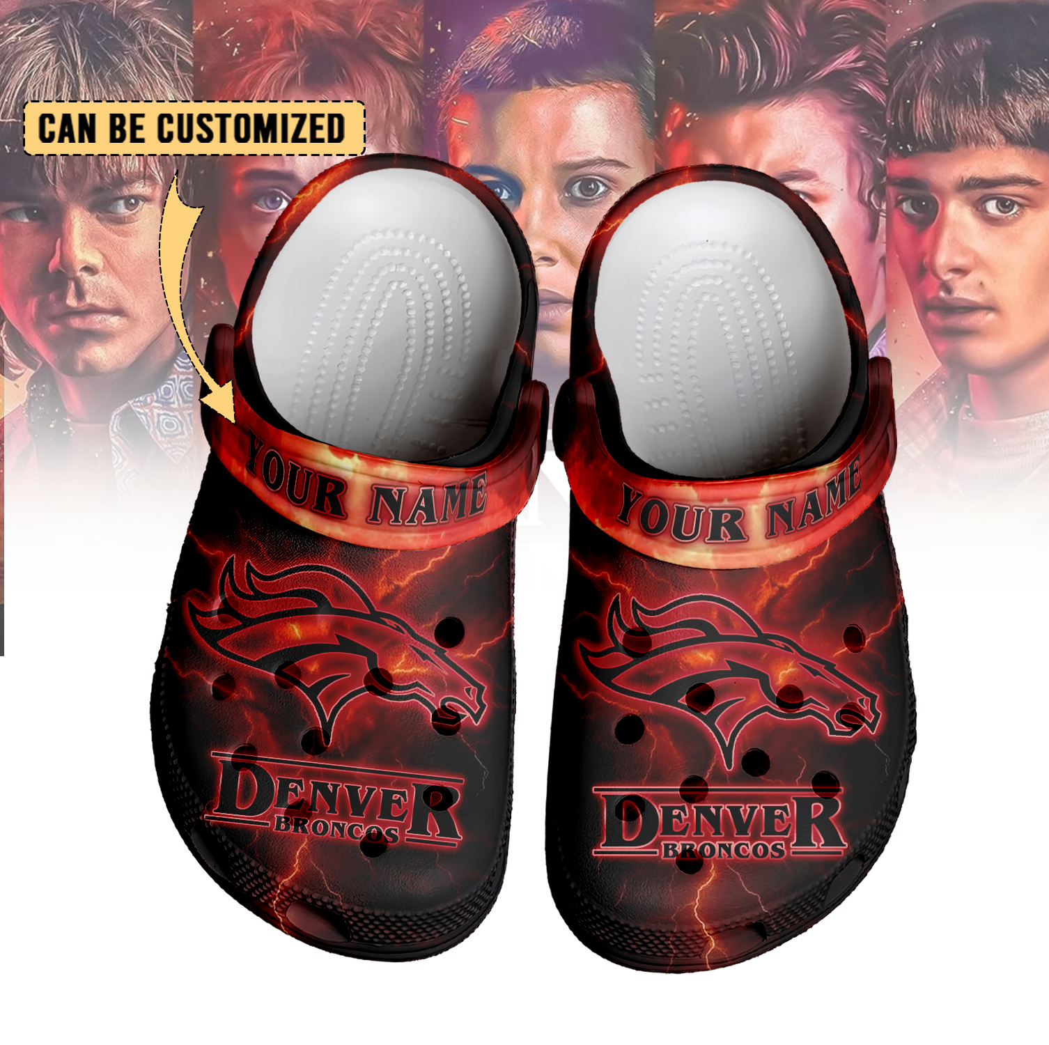 Merchidea Denver Broncos x Stranger Things Crocs Crocband Clogs Shoes Comfortable For Men Women and Kids