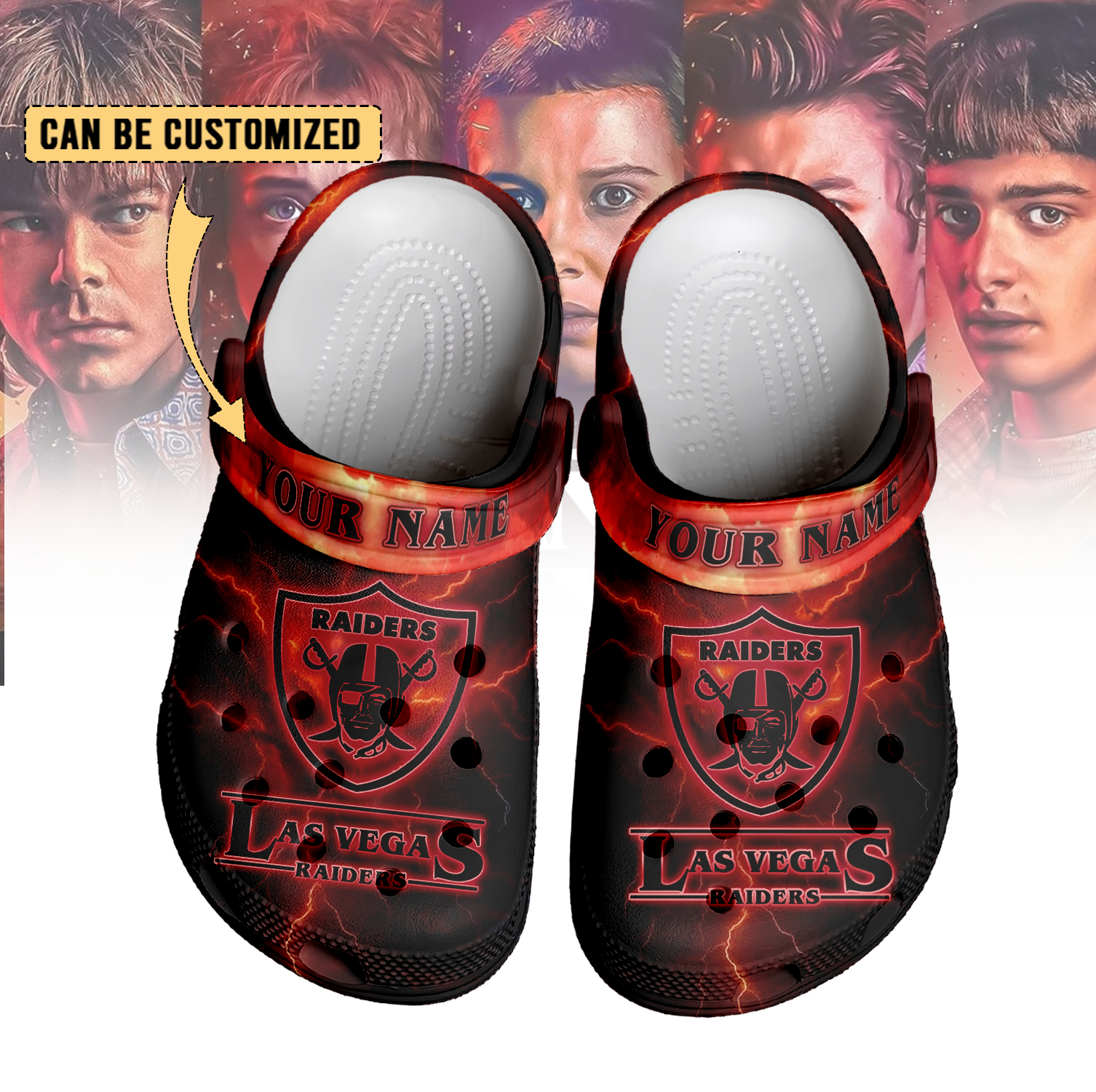 Merchidea Las Vegas Raiders x Stranger Things Crocs Crocband Clogs Shoes Comfortable For Men Women and Kids