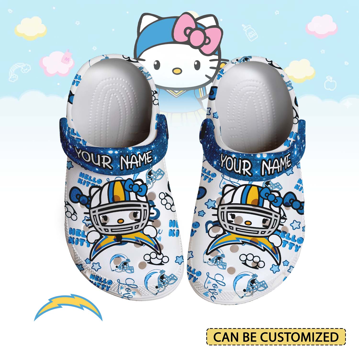 Merchidea Los Angeles Chargers x Hello Kitty Crocs Crocband Clogs Shoes Comfortable For Men Women and Kids