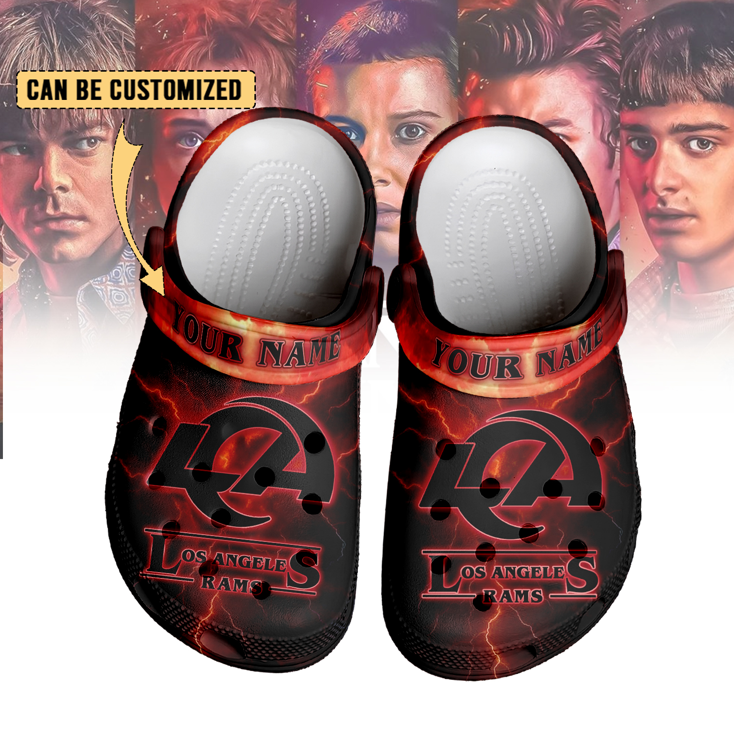 Merchidea Los Angeles Rams x Stranger Things Crocs Crocband Clogs Shoes Comfortable For Men Women and Kids