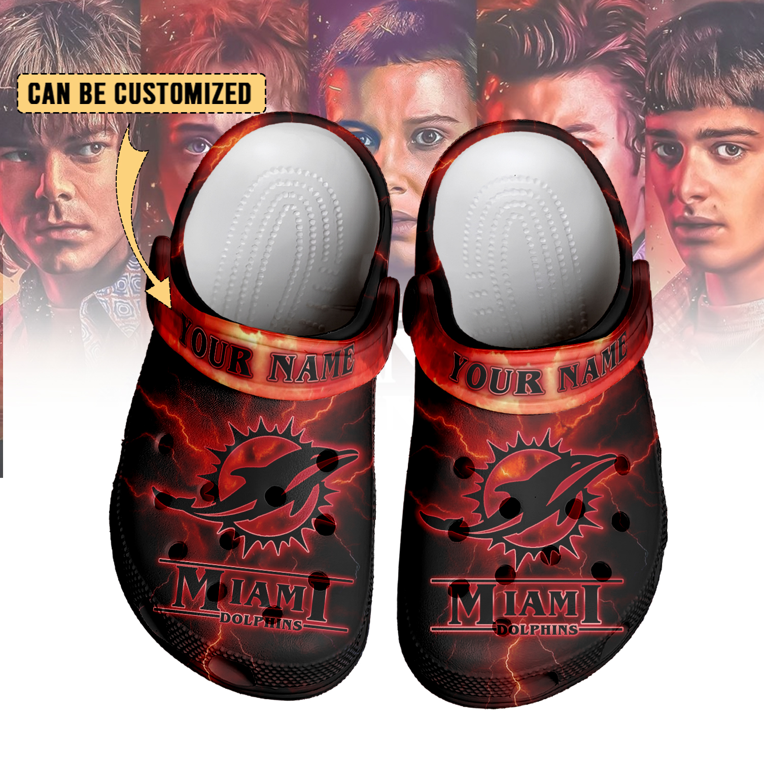 Merchidea Miami Dolphins x Stranger Things Crocs Crocband Clogs Shoes Comfortable For Men Women and Kids