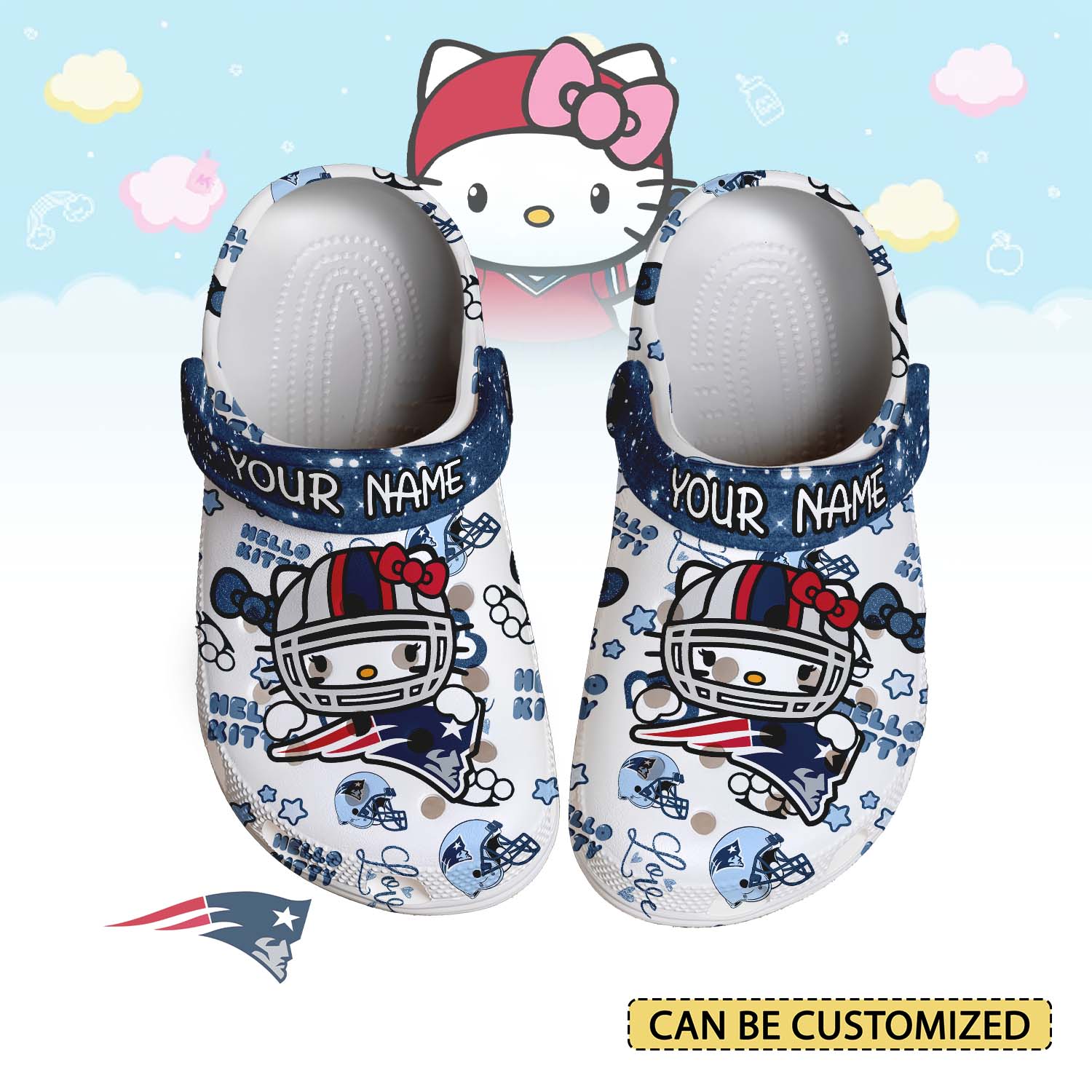 Merchidea New England Patriots x Hello Kitty Crocs Crocband Clogs Shoes Comfortable For Men Women and Kids