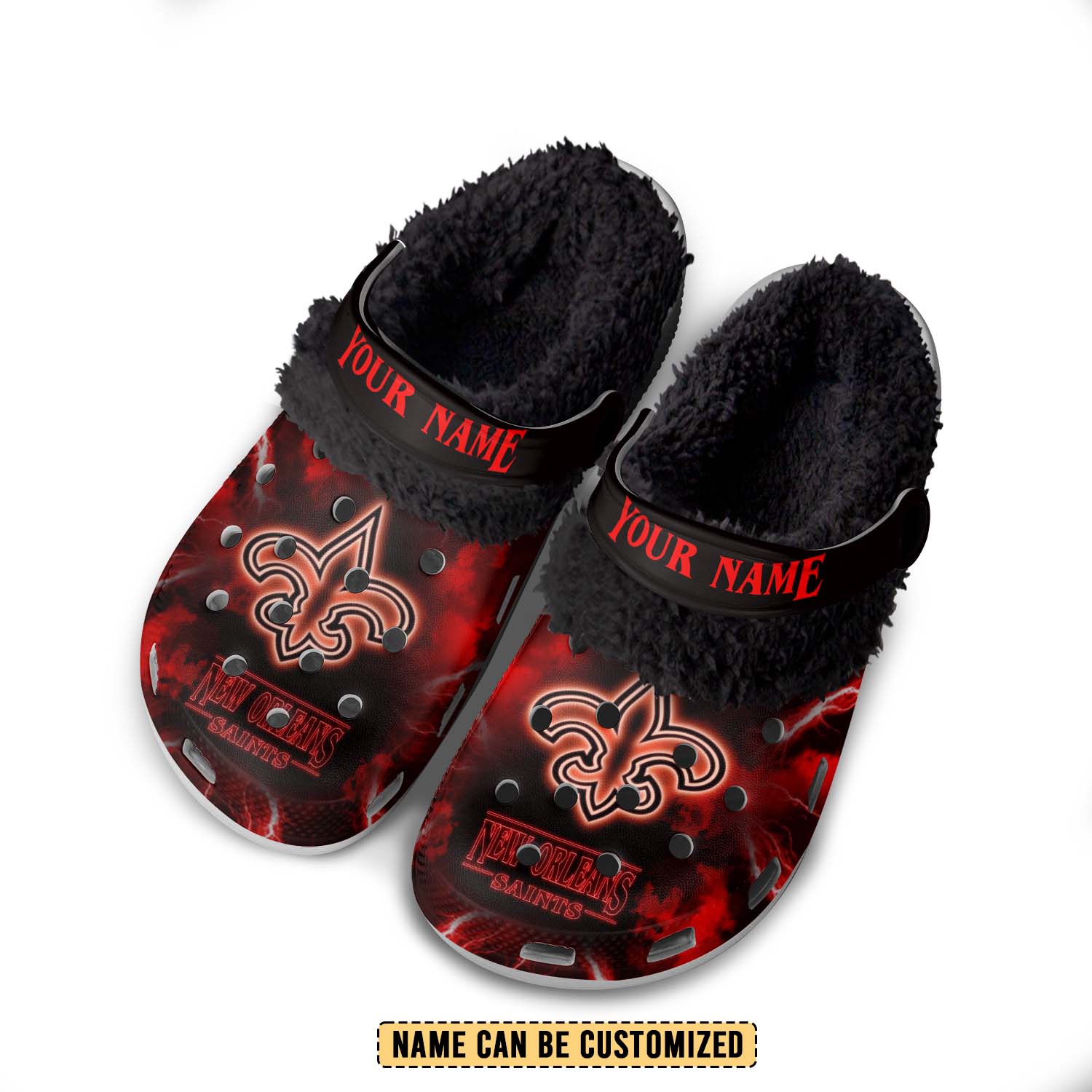 Merchidea New Orleans Saints x Stranger Things Crocs Crocband Fleece Lined Clogs Shoes Comfortable For Men Women and Kids In Winter