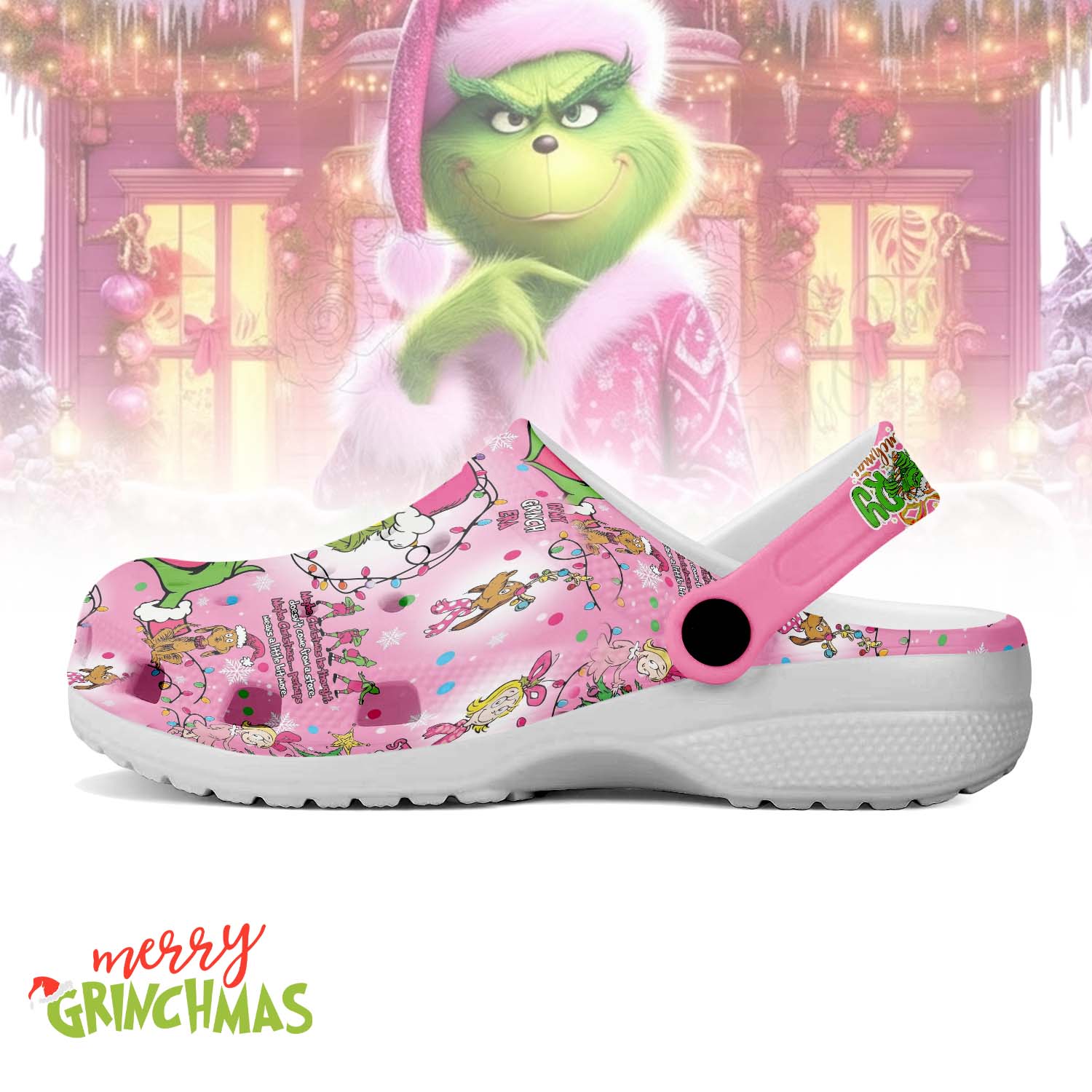 Merchidea Pink Grinch x Christmas Crocs Crocband Clogs Shoes Comfortable For Men Women and Kids