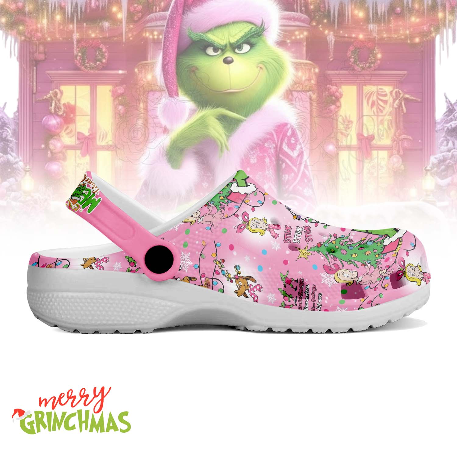 Merchidea Pink Grinch x Christmas Crocs Crocband Clogs Shoes Comfortable For Men Women and Kids