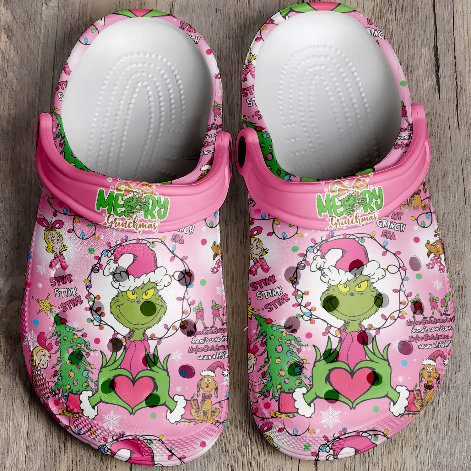 Merchidea Pink Grinch x Christmas Crocs Crocband Clogs Shoes Comfortable For Men Women and Kids