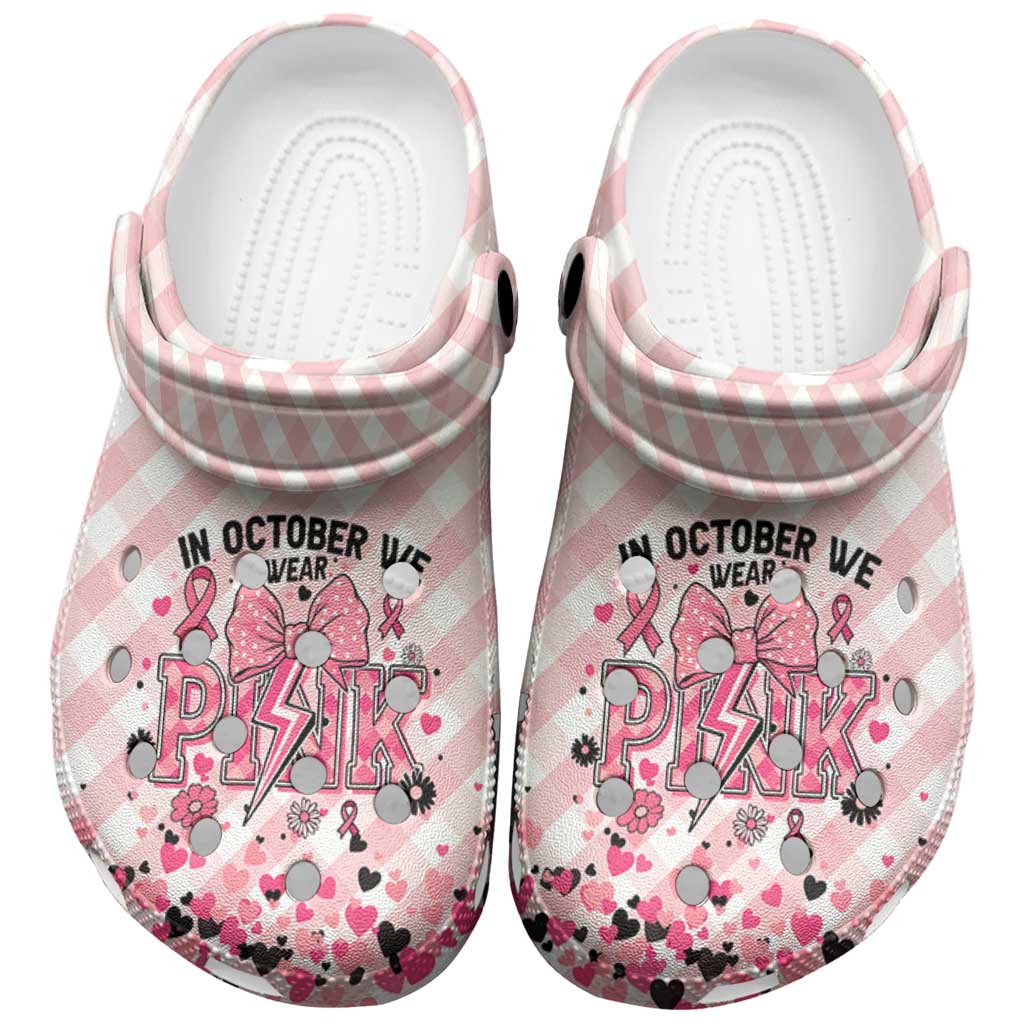 Merchidea In October We Wear Pink Crocs Crocband Clogs Shoes Comfortable For Men Women and Kids